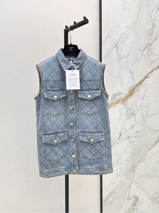 CHANEL Dresses & Skirts - CHANEL Quilted Light Blue Denim Sleeveless Vest with Gold-Tone Buttons